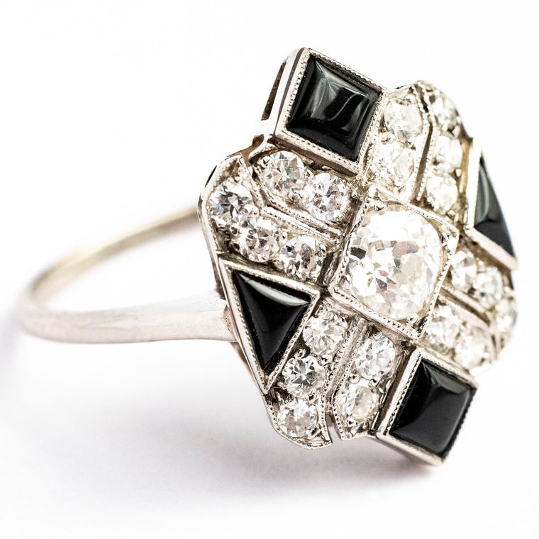 1920's 14kt White Gold Art Deco Diamond and Black Onyx Ring