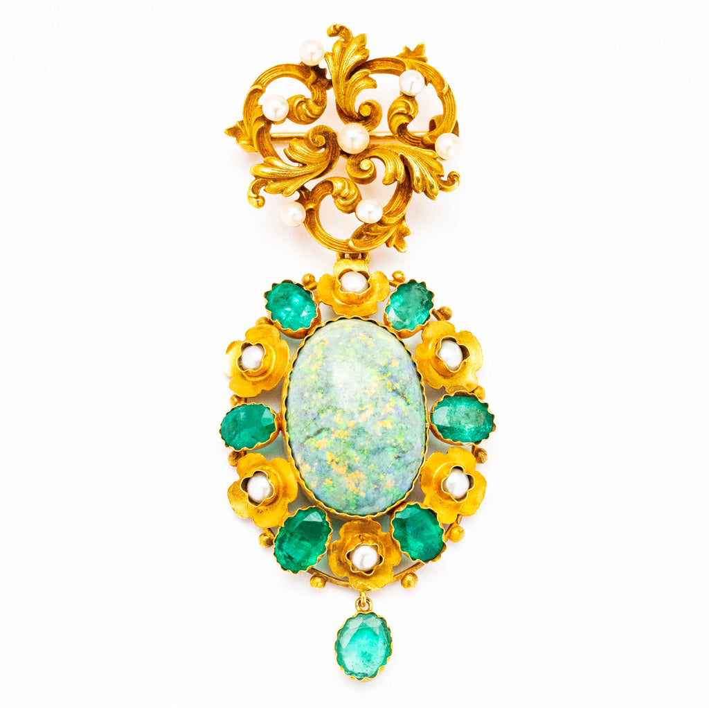 14kt-15kt Emerald and Opal Antique Brooch