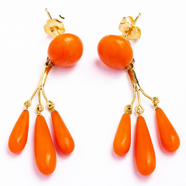 14kt Yellow Gold Antique Victorian Coral Drop Earrings