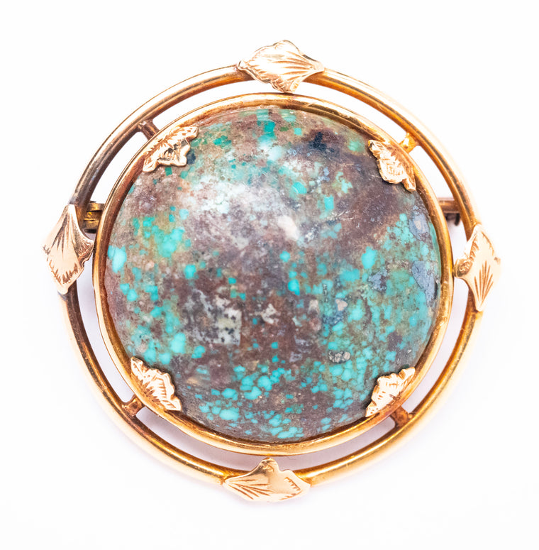 Victorian 18K Rose Gold and Spider Web Turquoise Brooch