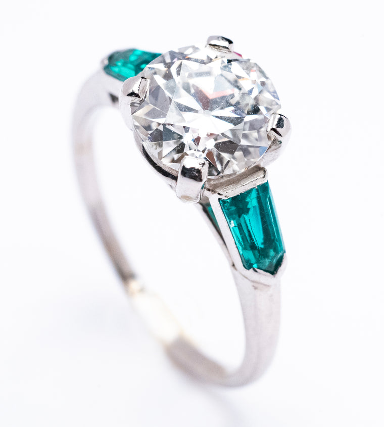 Platinum Old European Cut Diamond Ring with Emeralds