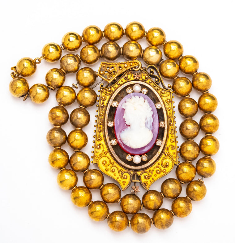 Early Victorian High Carat Banded Agate Cameo with Rose Cut Diamonds and Pearls