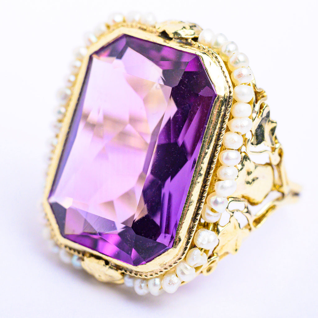 14K Yellow Gold Amethyst and Pearl Ring