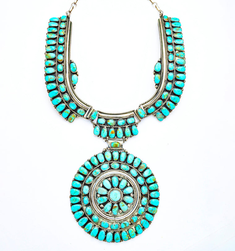 Large Signed Navajo Turquoise and Sterling Squash Blossom Necklace