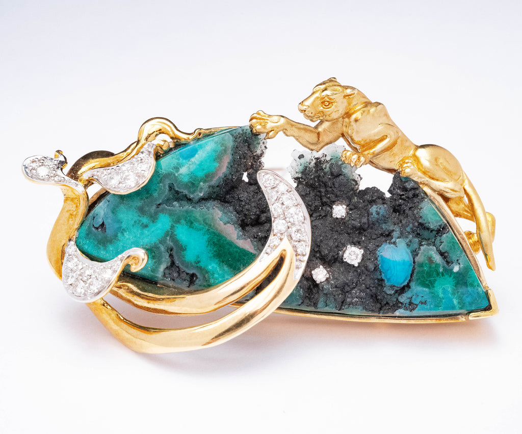 18K Yellow Gold Azurmalachite and Diamond Panther Brooch