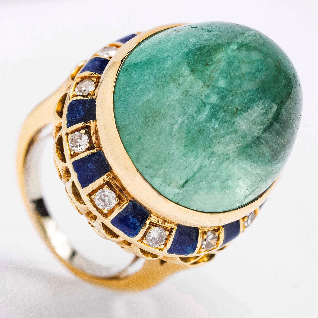 Vintage 14kt Beryl Ring with Diamonds and Blue Enamel