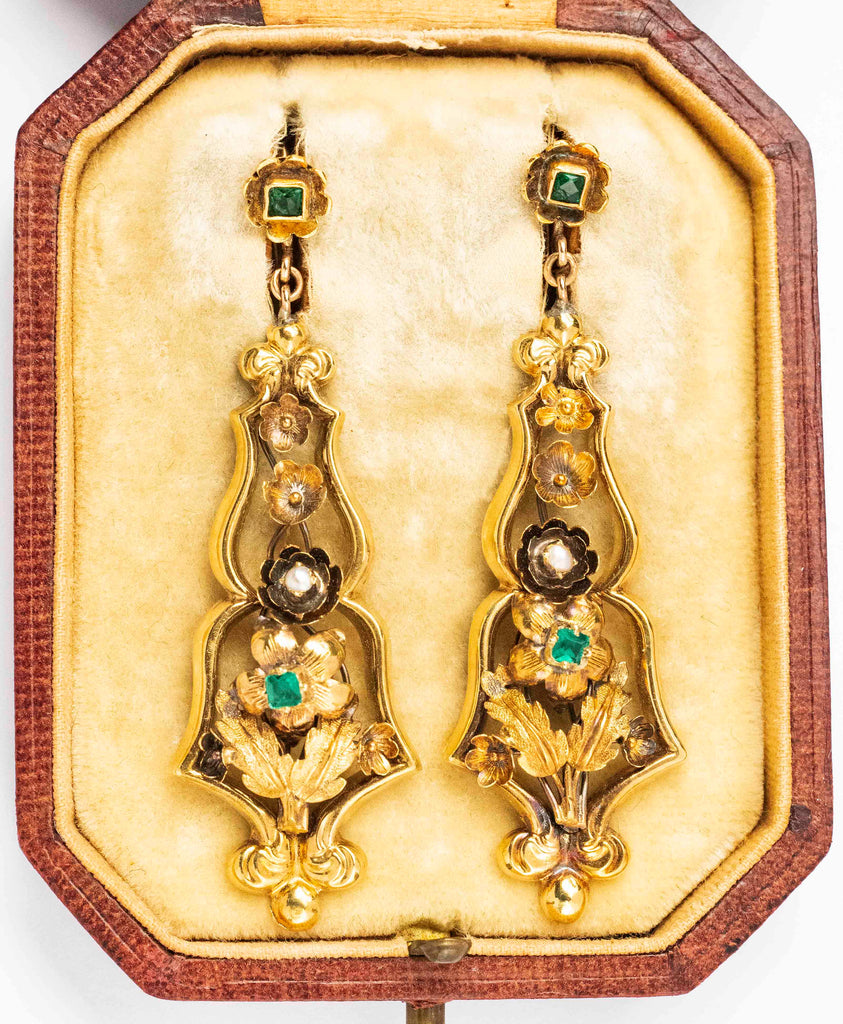 18kt Yellow Gold Victorian Emerald and Pearl Drop Earrings