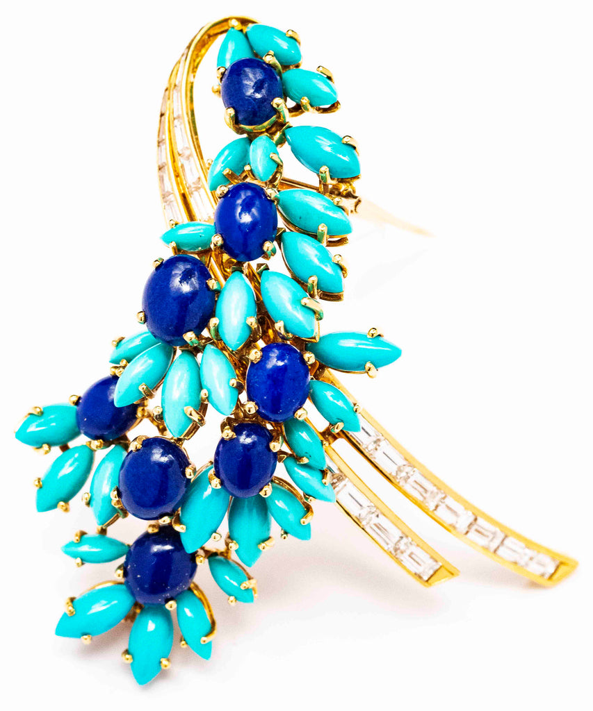 18kt French 1950's-1960's Turquoise, Lapis Lazuli and Diamond Spray Brooch