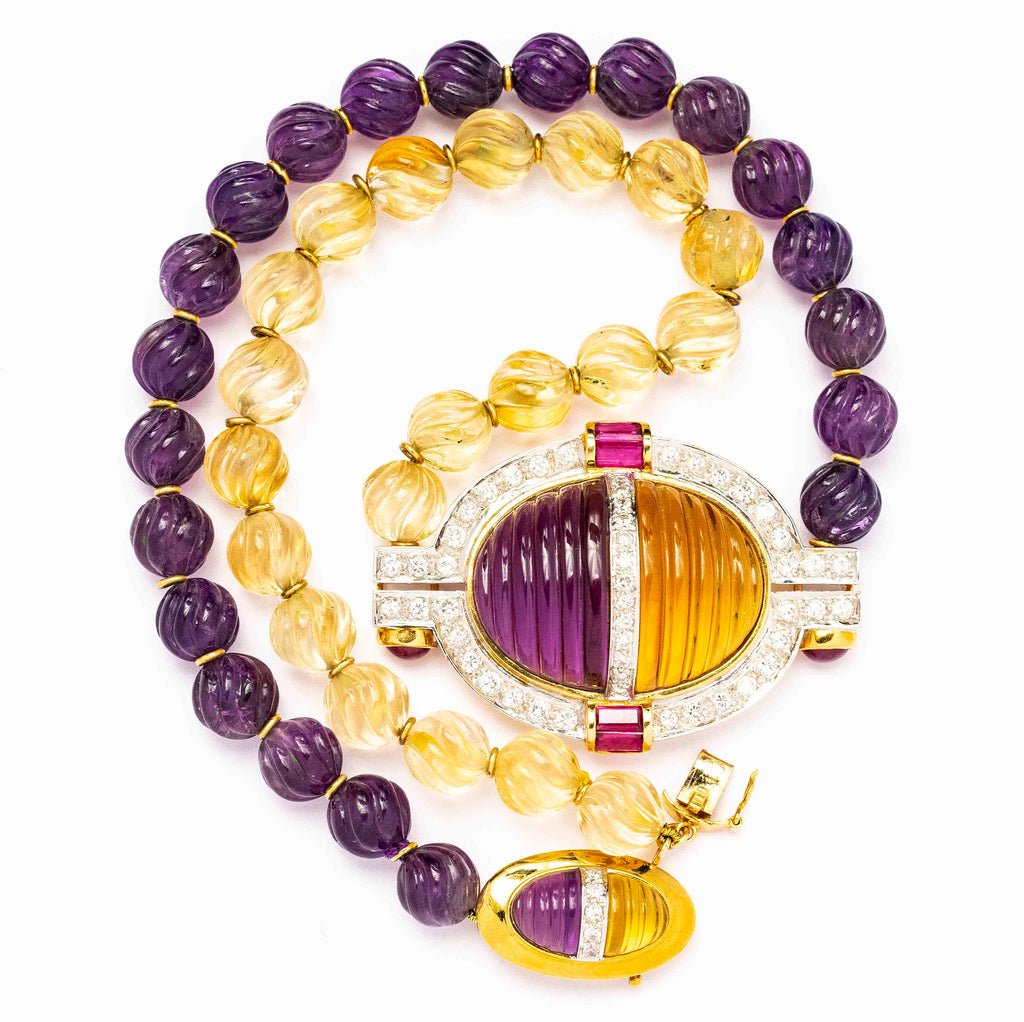 18kt Yellow Gold Carved Amethyst and Citrine Necklace