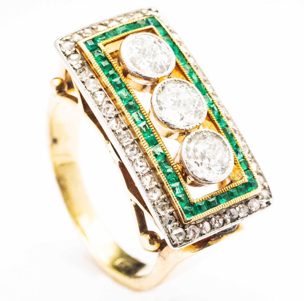 14kt Yellow Gold and Platinum Antique Ring with Diamonds and Emeralds
