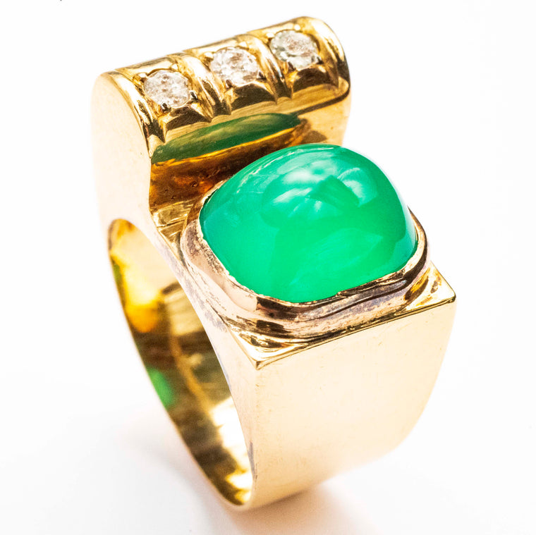 14kt Art Deco Chrysopase and Diamond Ring