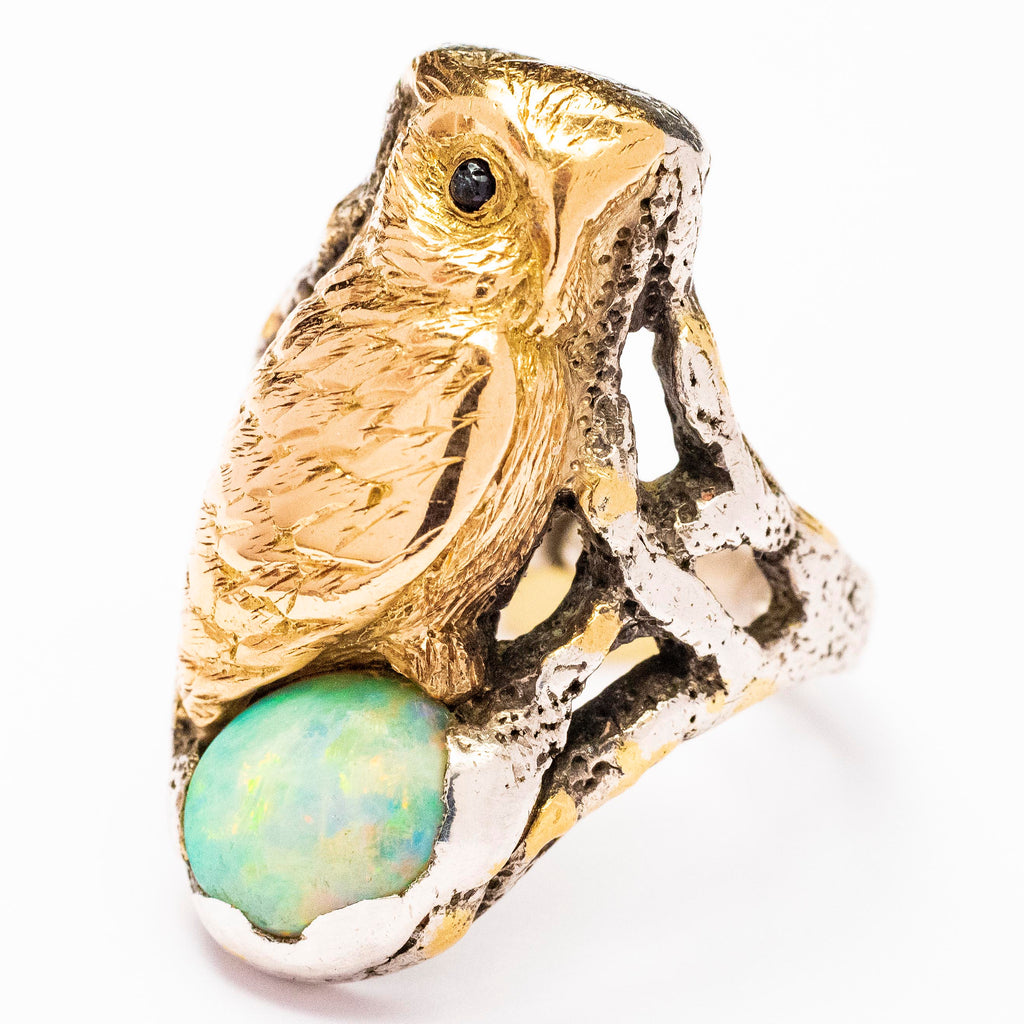 Carl Schon Sterling and 14kt Yellow Gold Opal Owl Ring